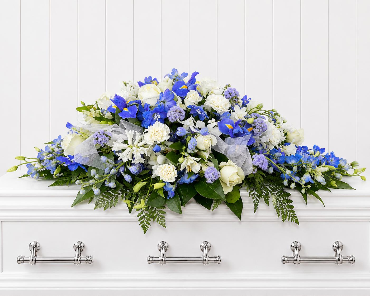 Funeral Casket Flowers Whites and Blues 